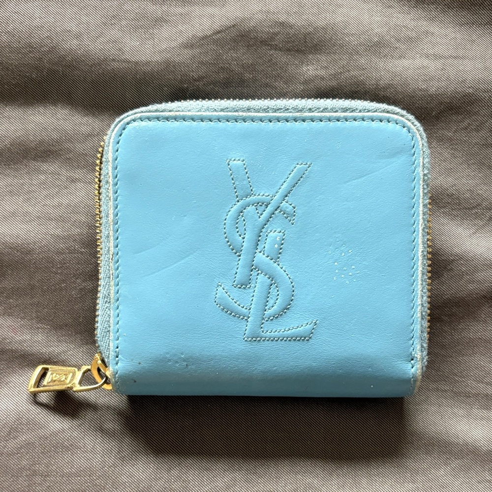 Saint Laurent Zip-Around Leather Wallet in Light Blue with Gold Hardware